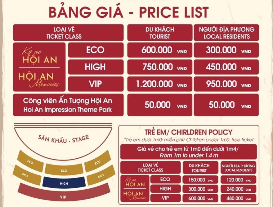 Các hạng vé khác nhau của Show diễn Ký Ức Hội An