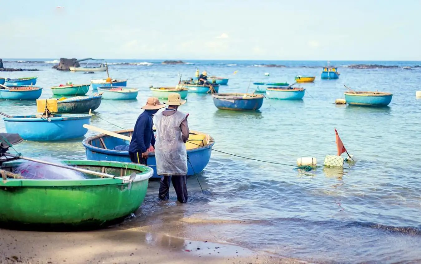 Thuyền thúng neo đậu bên bờ gợi lên cuộc sống làng chài yên ả.