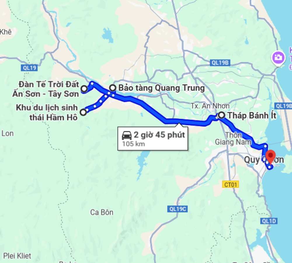 Bản đồ chỉ đường từ Quy Nhơn đến Bảo tàng Quang Trung