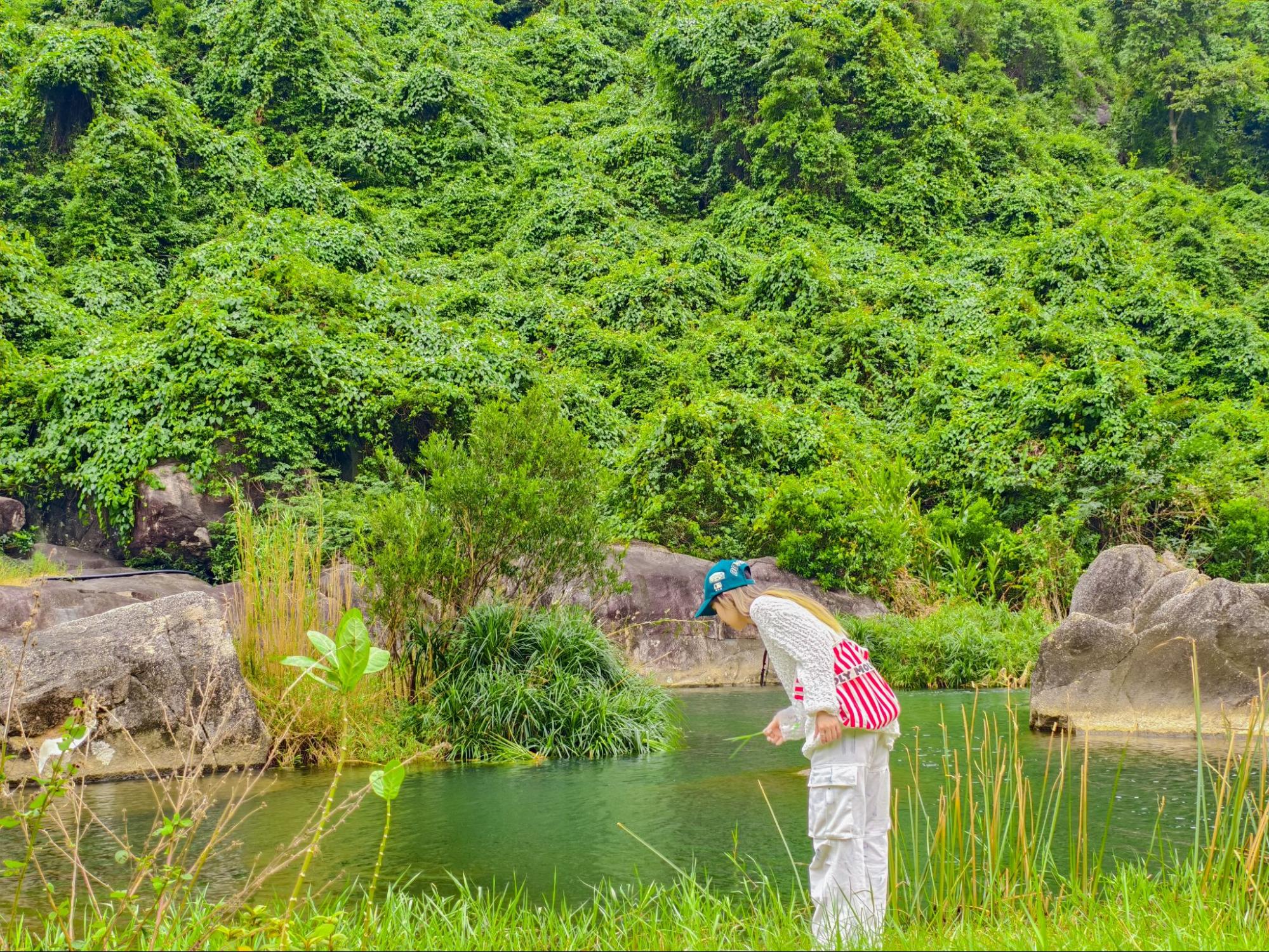 Du khách chụp ảnh "sống ảo" với background suối và núi rừng