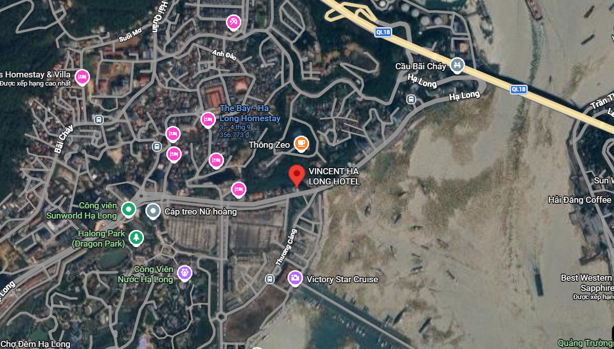 Bản đồ vị trí và đường đi đến Khách sạn Vincent Hạ Long trên Google Maps.