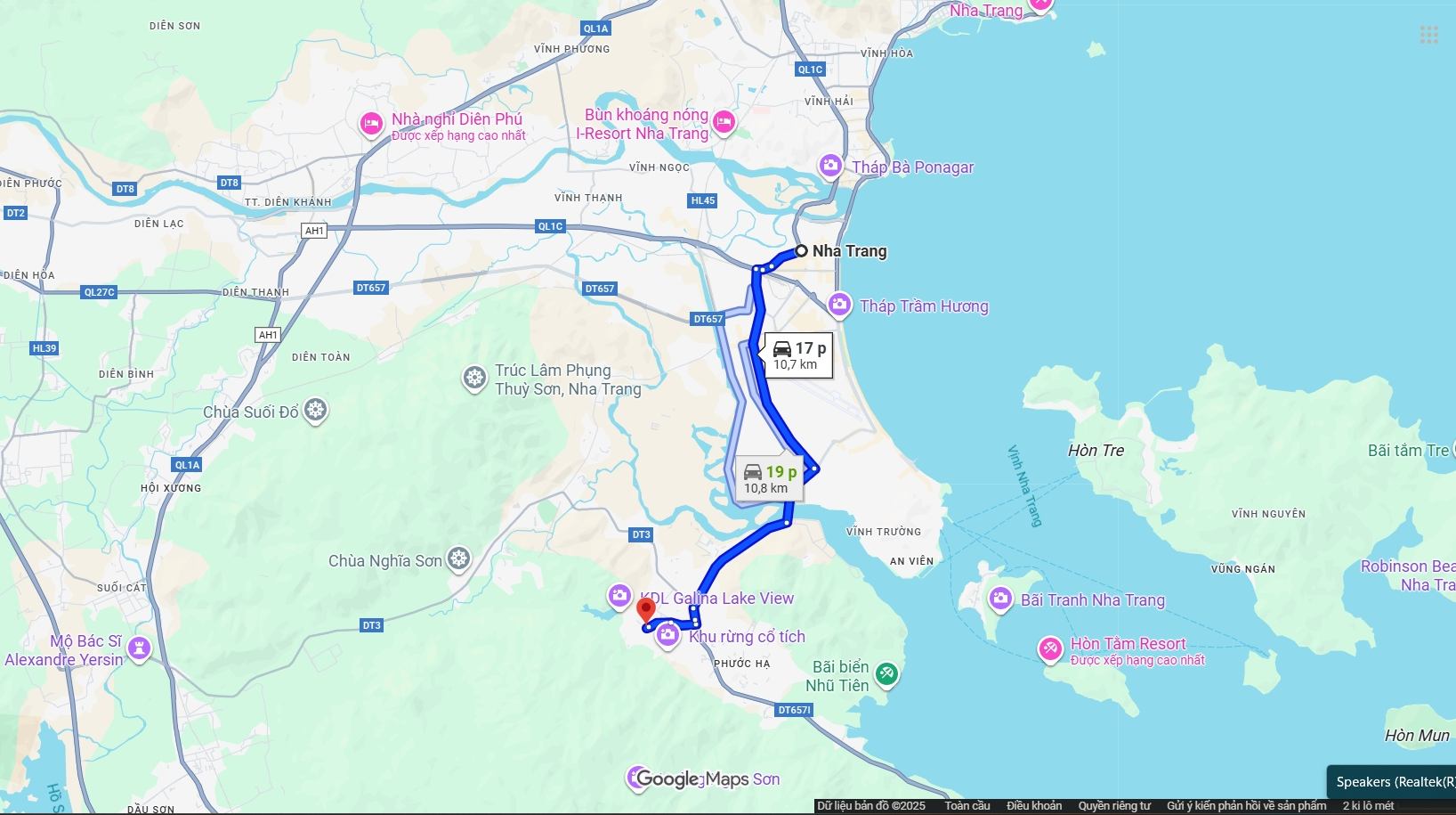 Bản đồ di chuyển từ trung tâm thành phố đến khu du lịch
