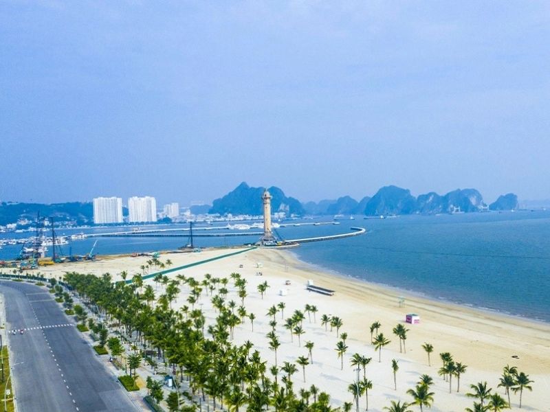 Bãi biển rộng lớn với làn nước xanh mát và hàng dừa ven biển