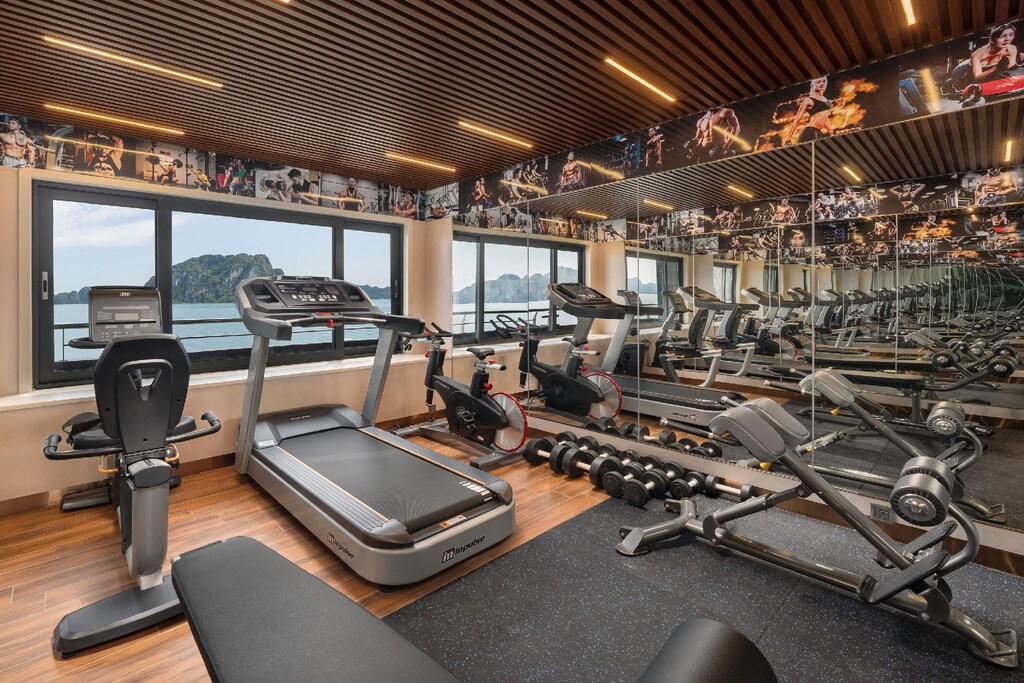 Phòng gym trên tàu được trang bị đầy đủ máy chạy bộ, xe đạp cơ và hệ thống tạ