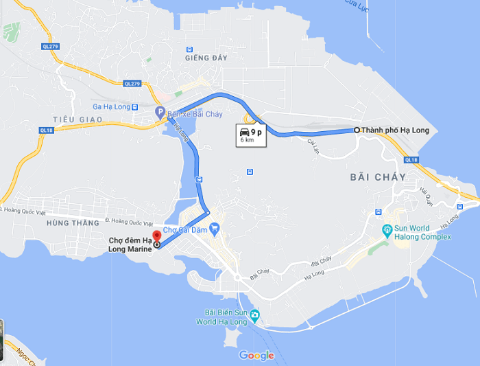 Vị trí của chợ đêm Hạ Long từ thành phố Hạ Long