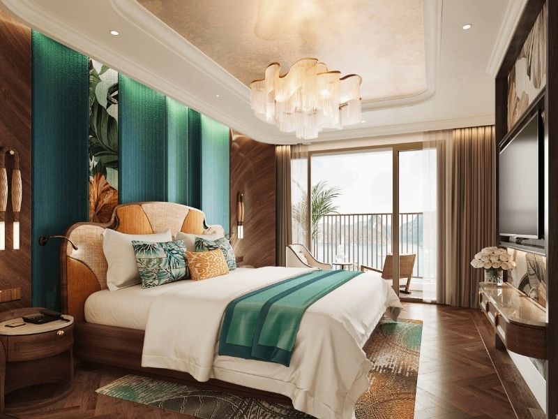 Suite hạng cao cấp với phòng khách và phòng ăn riêng, tầm nhìn toàn cảnh vịnh.